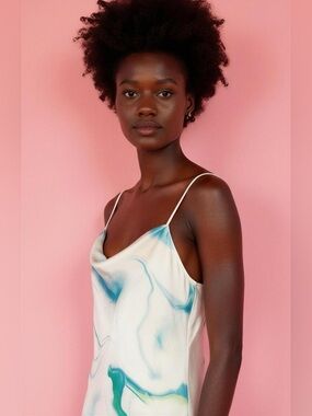 Silk-Feel Cowl Neck Slip Top - White with Teal Marble